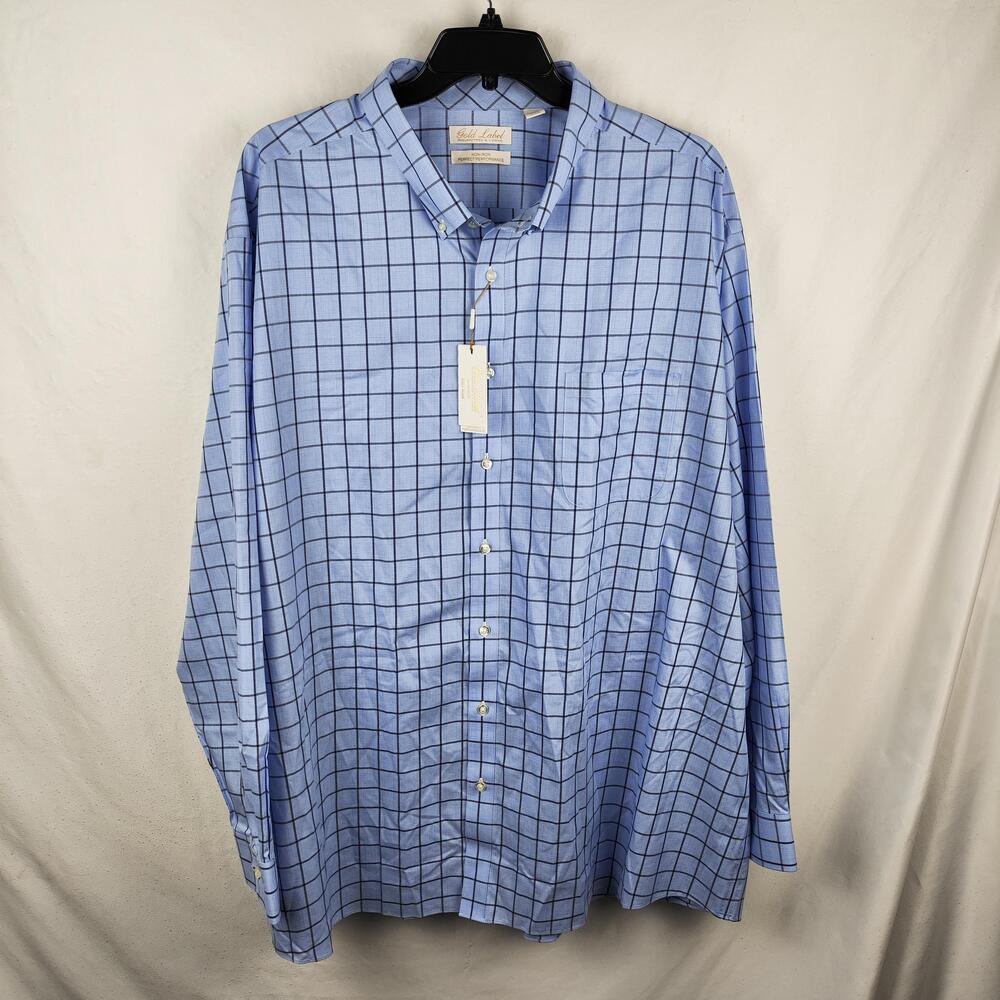 Gold Label Roundtree & Yorke Shirt Mens 4XLT Blue Check Non Iron Dress Cotton